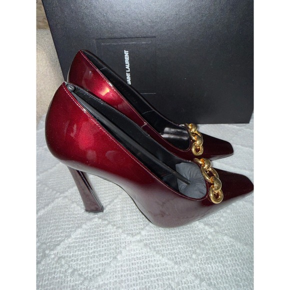 Luxury Saint Laurent Burgundy Patent Pumps - Gold Chain Accent Size 6.5 - Picture 5 of 12